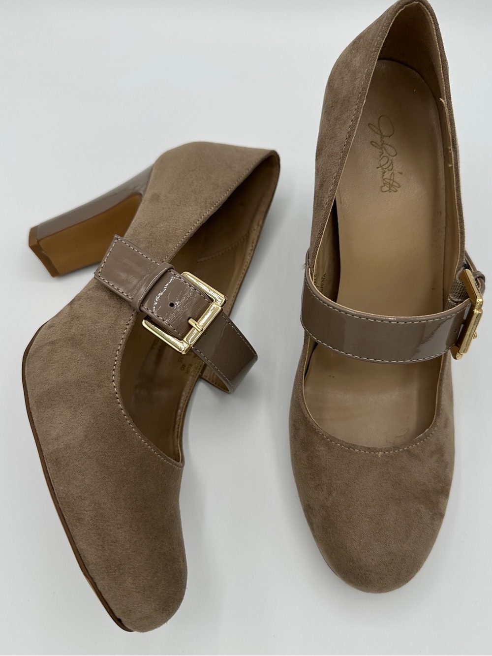 Y2K Style Taupe Suede Mary Jane Block Heels with Patent Strap